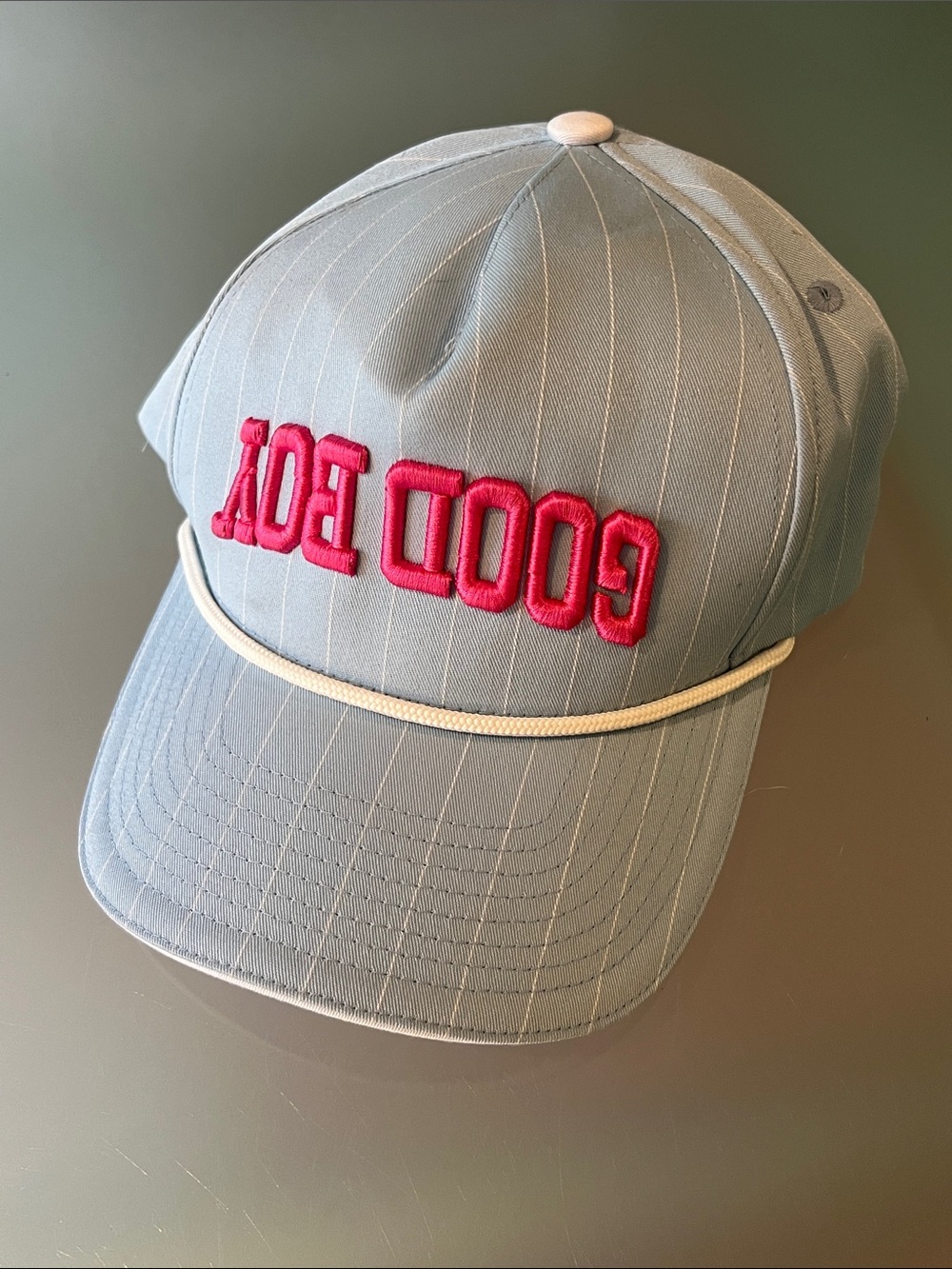 Light Blue Baseball Cap with Pink "GOOD BOY" Embroidered Accent